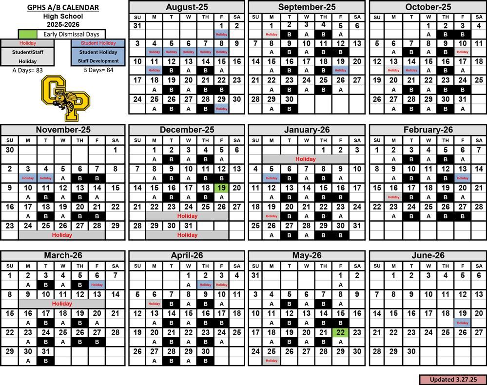  2025-26 GPHS Black & Gold School Calendar